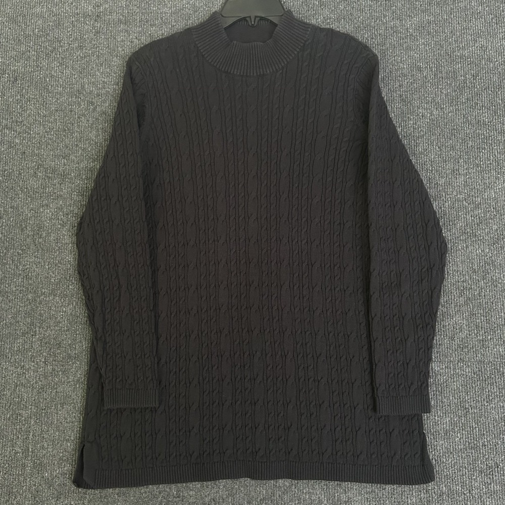 Lands End Women's Large Sweater Mock Neck Cable Knit Black Coastal Casual